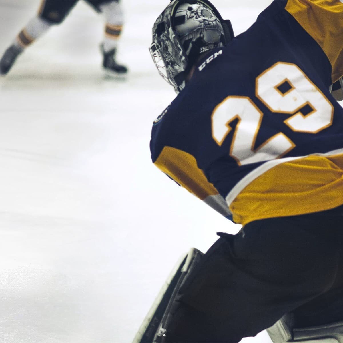 Ice hockey goalie in navy and yellow jersey with the number 29, wearing a protective mask and pads, crouched on the ice.