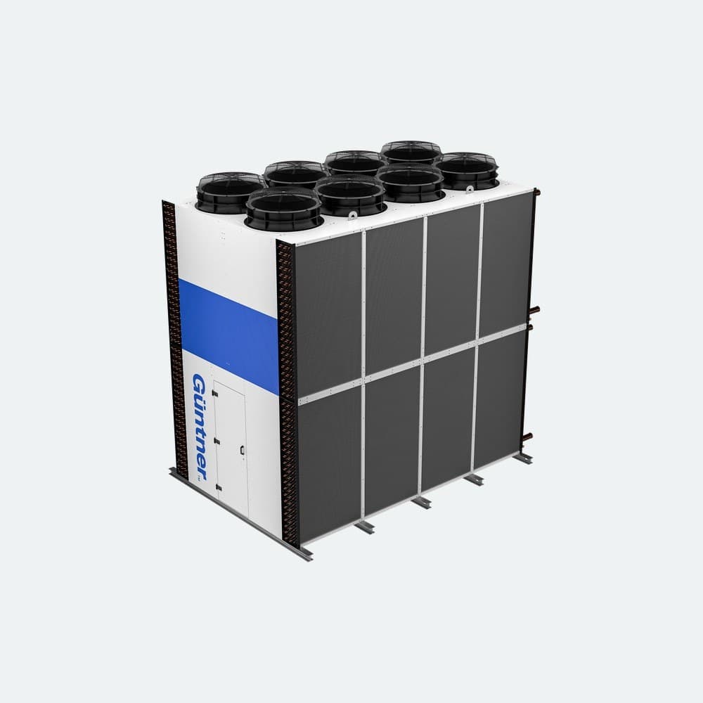 Large industrial heat exchanger unit with copper coil sections, silver frame, blue panel, and a side access door labeled Guntner.