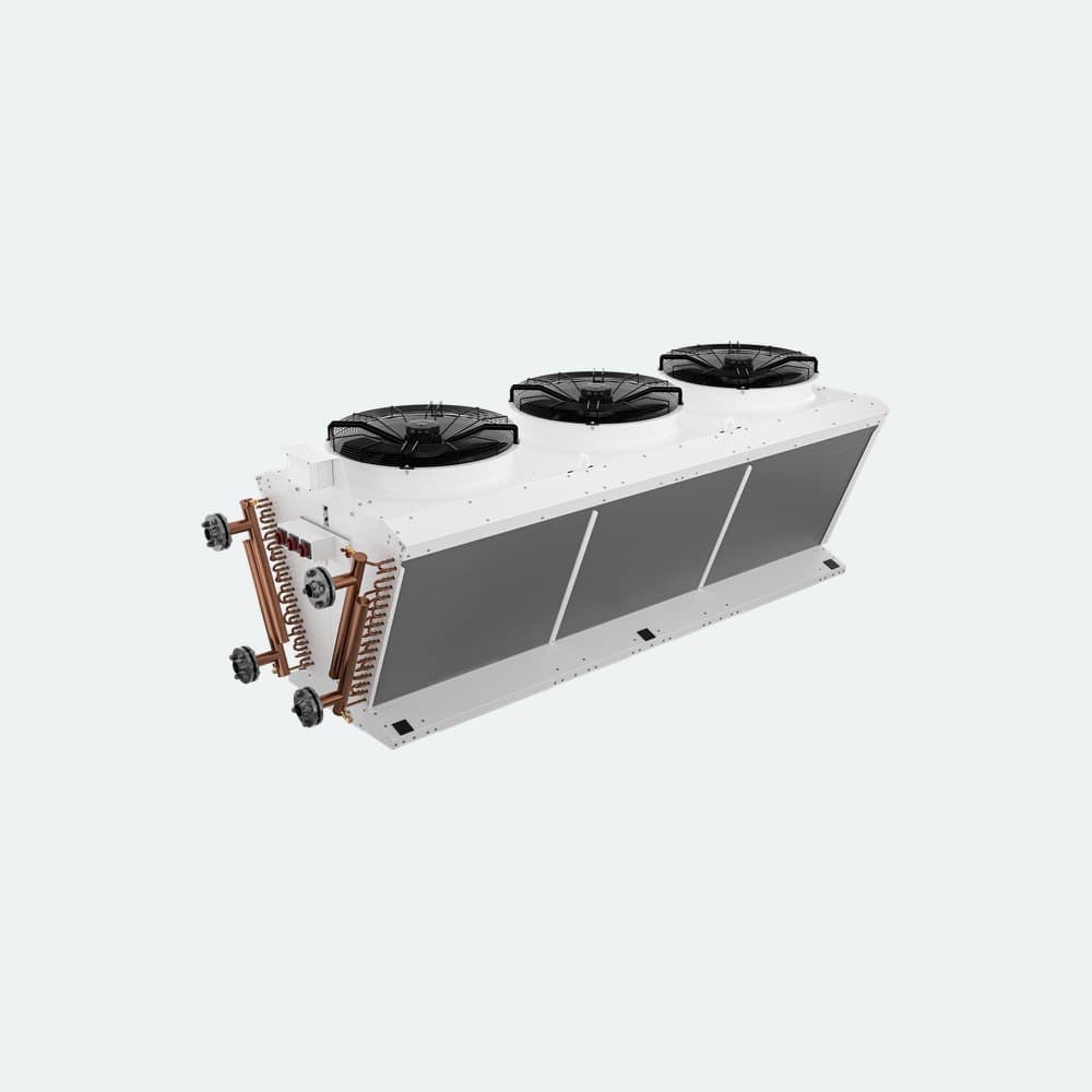 White industrial HVAC condenser with two top fans, angled side panels, and ribbed black cooling fins; brand name along the left edge.