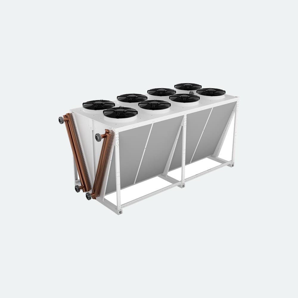 Large white industrial heat exchanger on a white metal frame with angled panels and black finned cores; blue Guntner branding along the side.