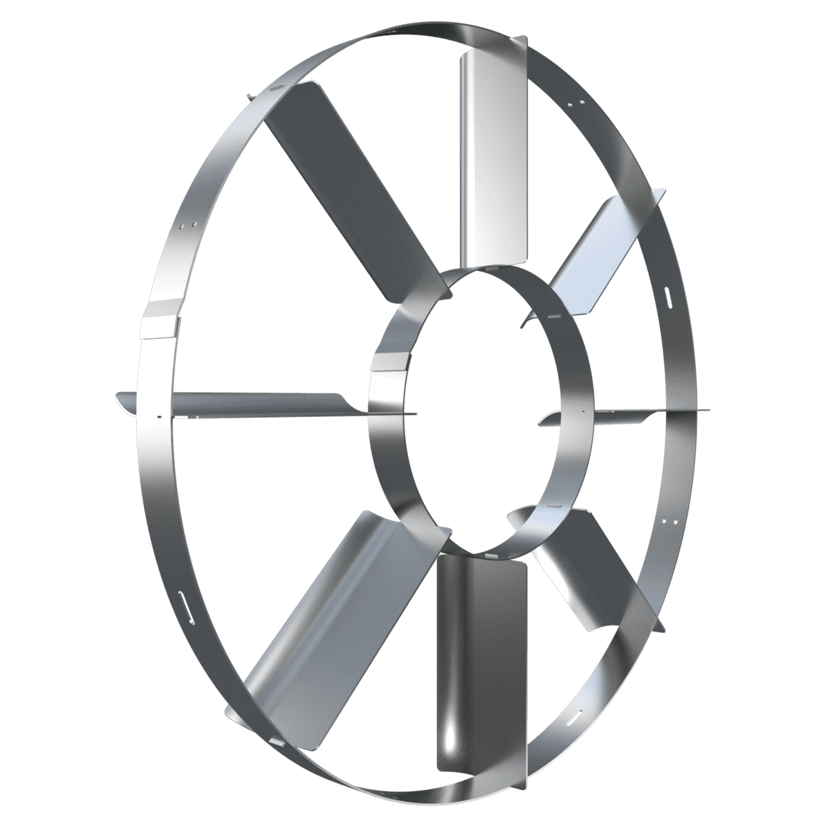 Roda de metal prateado com seis pás retangulares ao redor de um anel central, formando um rotor contra fundo preto.