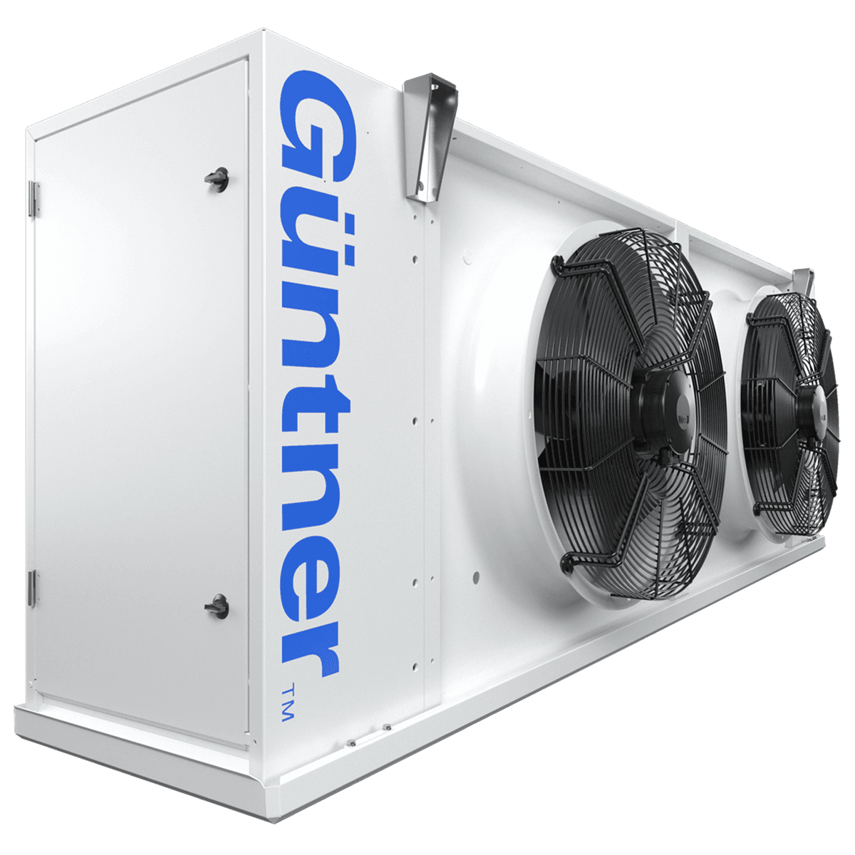 Unidade de resfriamento industrial com dois ventiladores grandes, corpo branco e logotipo azul na lateral.