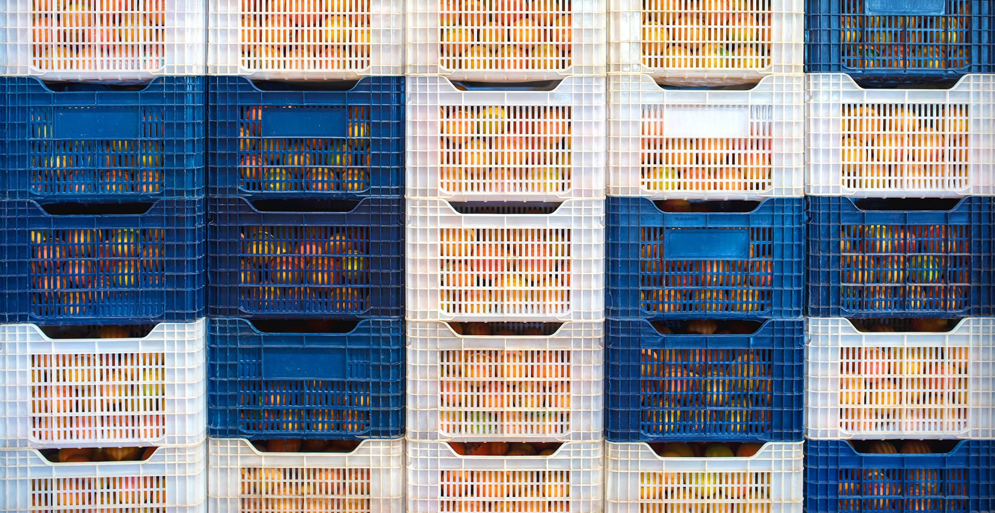 Stacked blue and white plastic crates filled with colorful produce, arranged in a grid pattern.