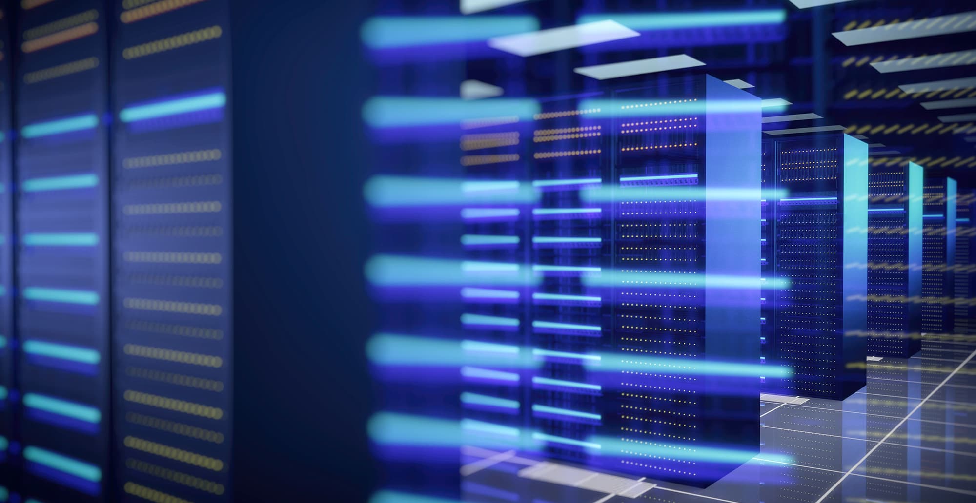 Rows of blue-lit server racks in a data center, with glowing light bars and a reflective tiled floor.