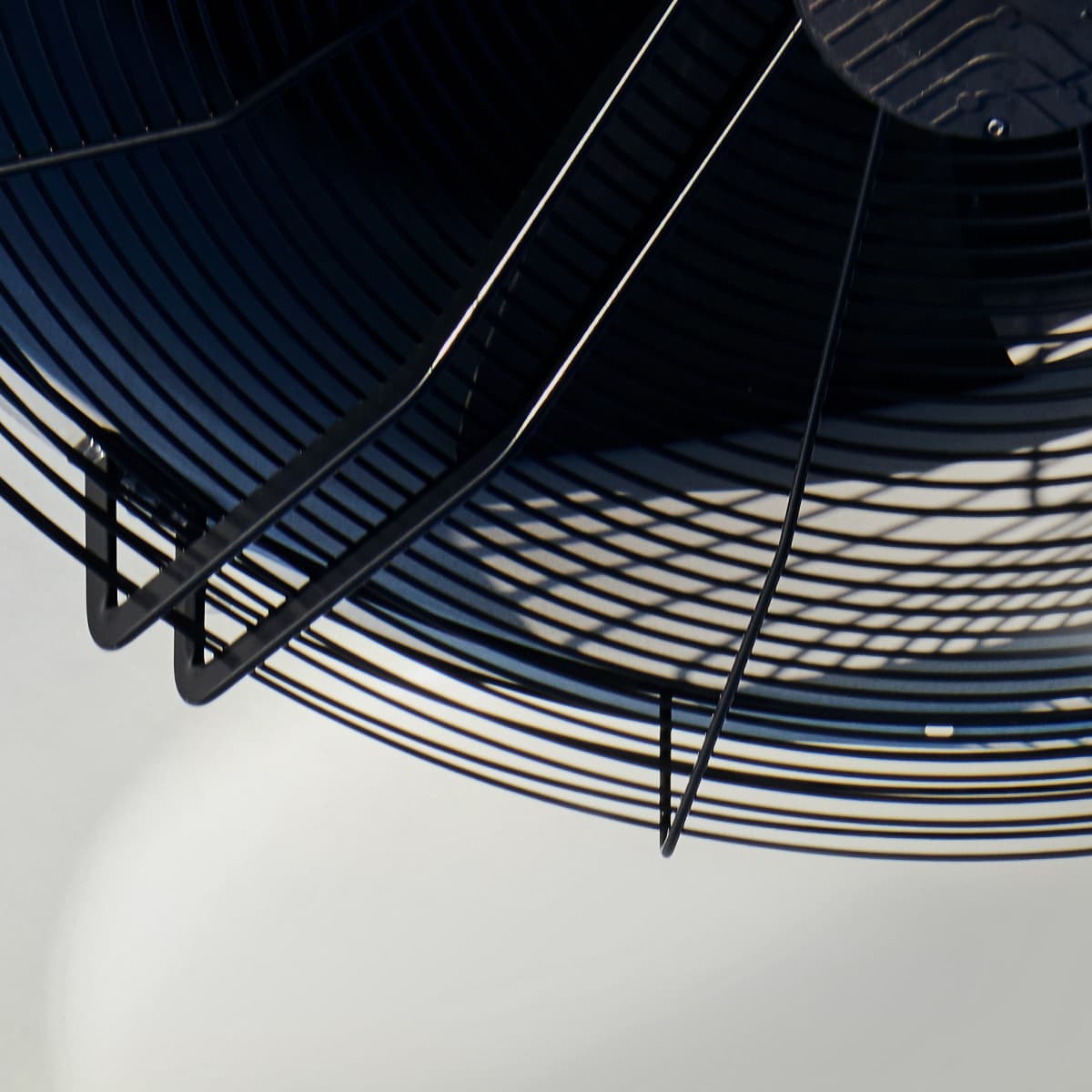 Close-up of black metal coils forming concentric circular rings with curved supports, set against a pale sky background.