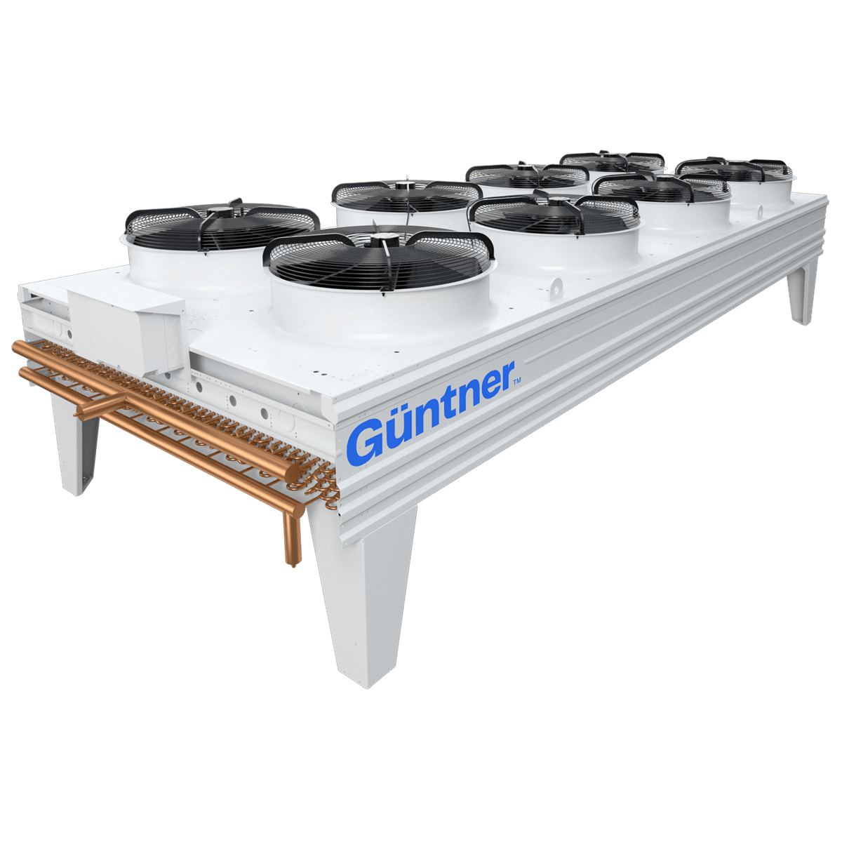 Unidade industrial de refrigeração com oito ventiladores circulares no topo, estrutura branca, tubos de cobre na lateral e logotipo azul Günntner.
