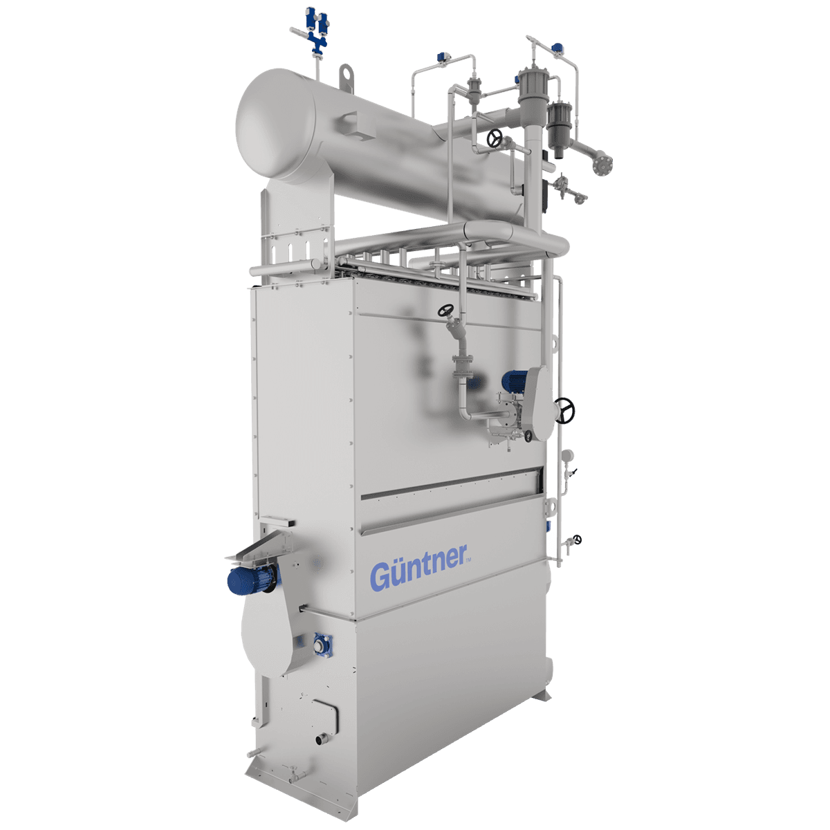 Unidade industrial vertical em aço inox, com tubulações, válvulas e motor azul na lateral; base com a marca Günttner.